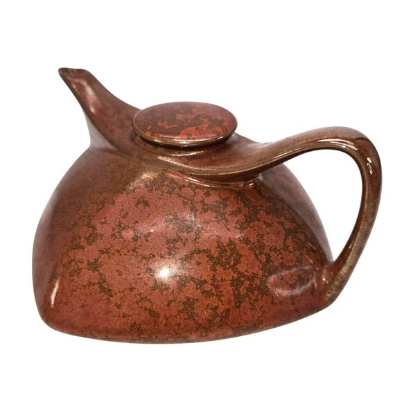 Vintage Mid-Century Modern Teapot Brown Ceramic Angular Speckled Retroneu JE109 - Picture 4 of 11